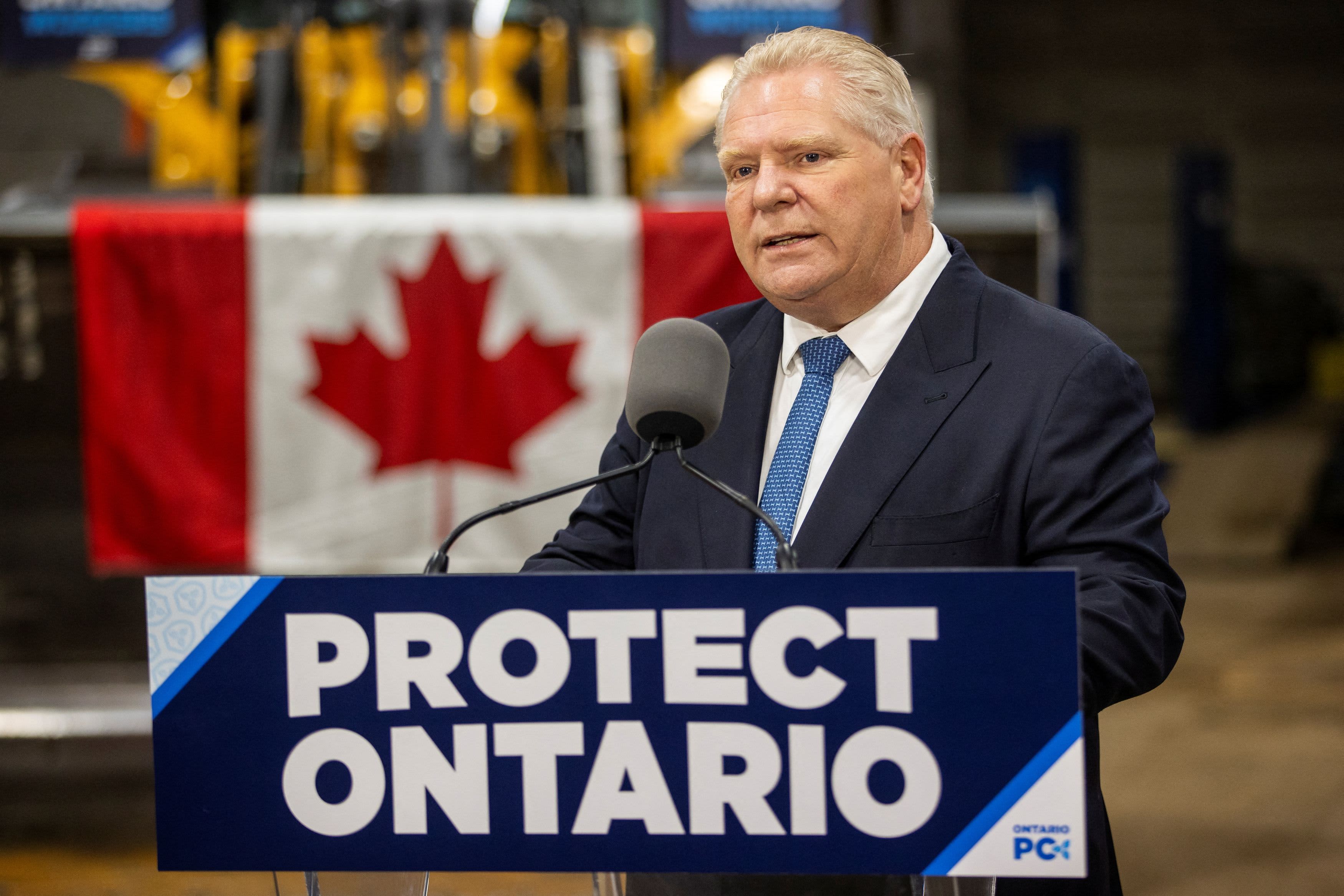 Ontario Premier Doug Ford speaks during a campaign stop at Walker Construction in Niagara Falls, Ontario, Canada, on Jan. 31, 2025.