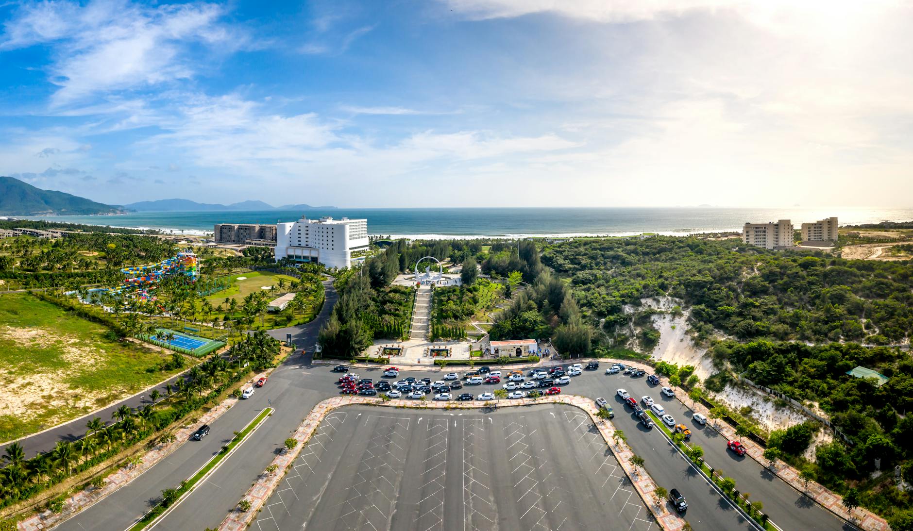 Modern hotel parking lot with multiple levels and organized parking spaces