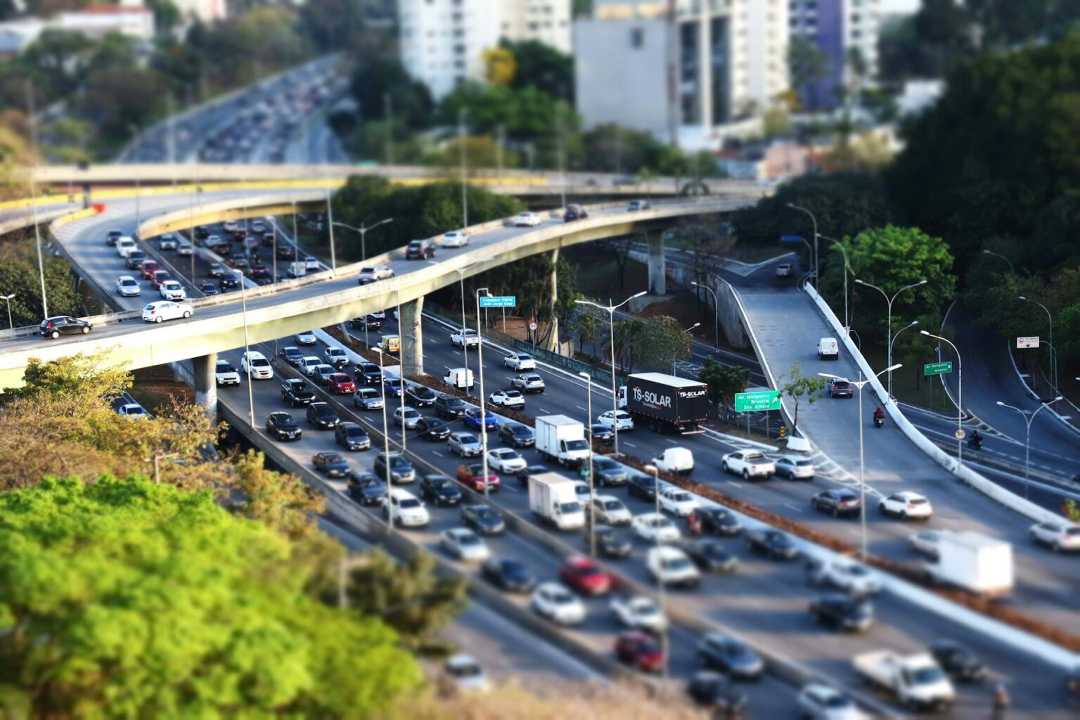 Heavy traffic congestion on a multi-lane highway during rush hour