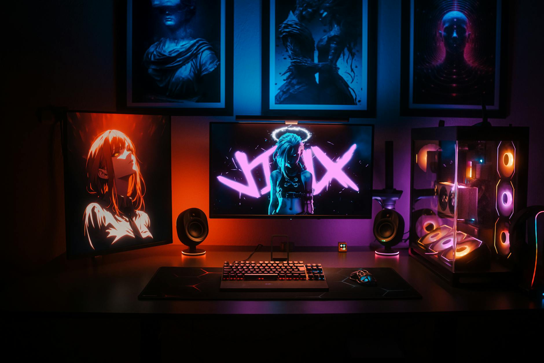 Modern gaming setup with multiple monitors, LED lighting, and professional streaming equipment