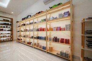 Colorful toy store shelves displaying various merchandise and collectible items