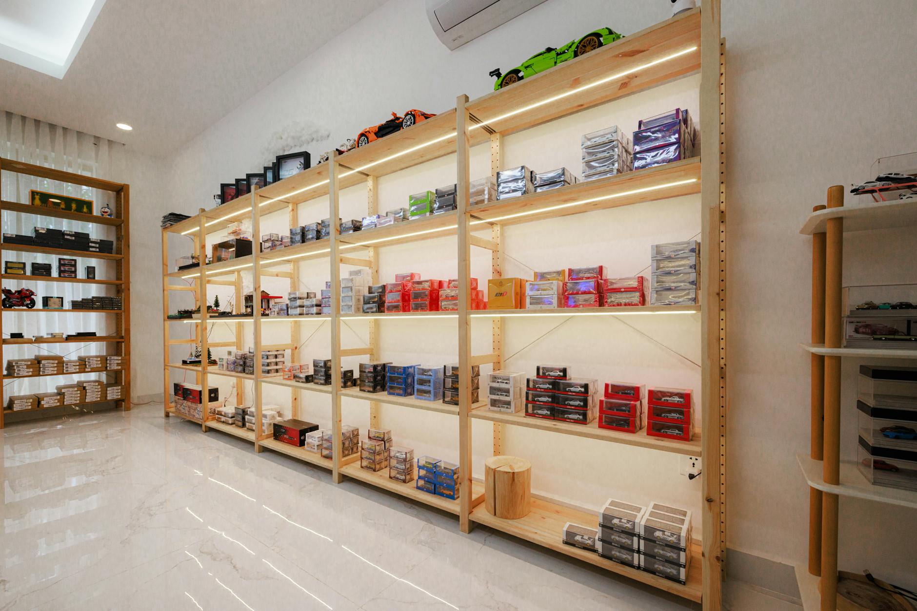 Colorful toy store shelves displaying various merchandise and collectible items