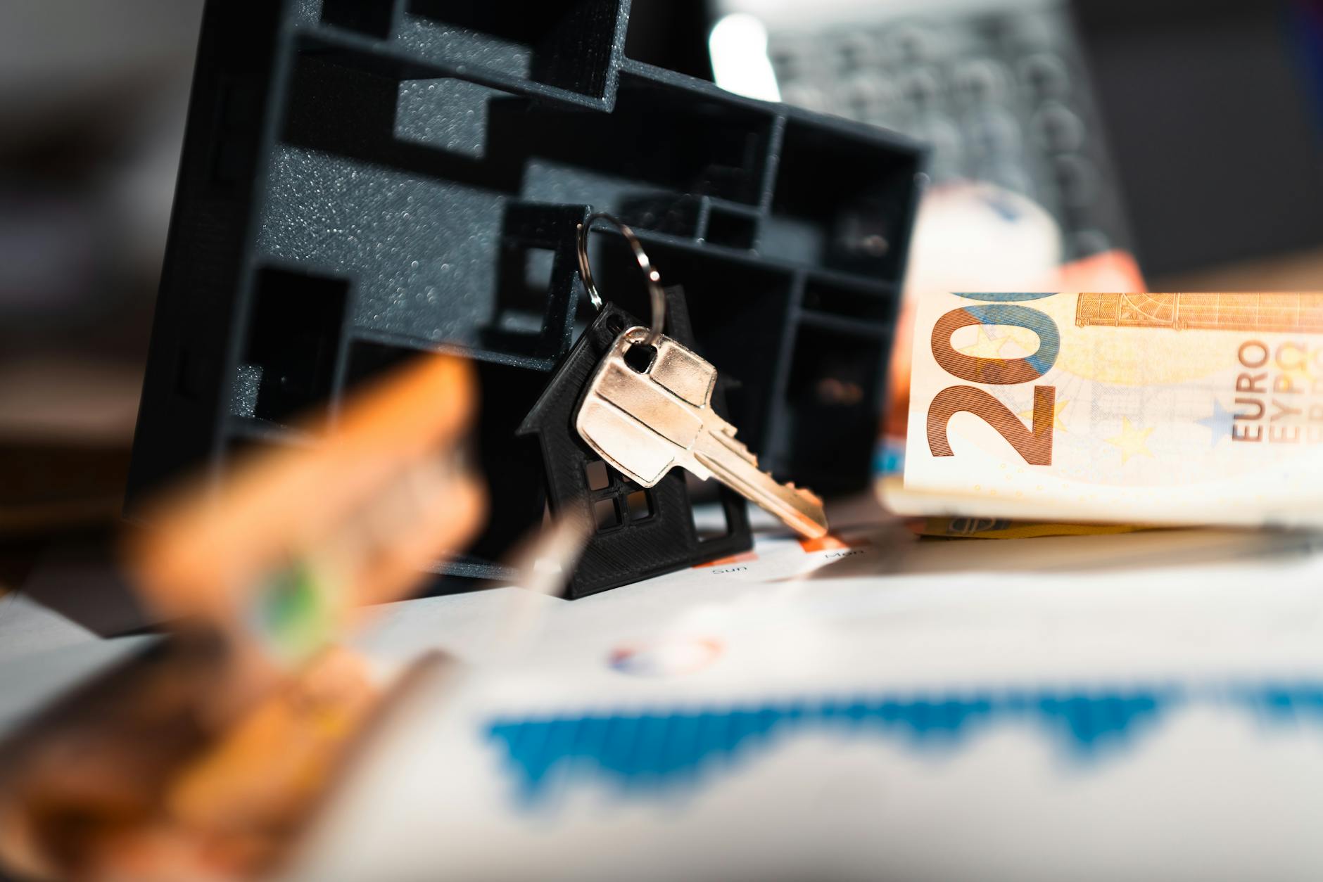 House keys and cash money on table representing cash home purchases