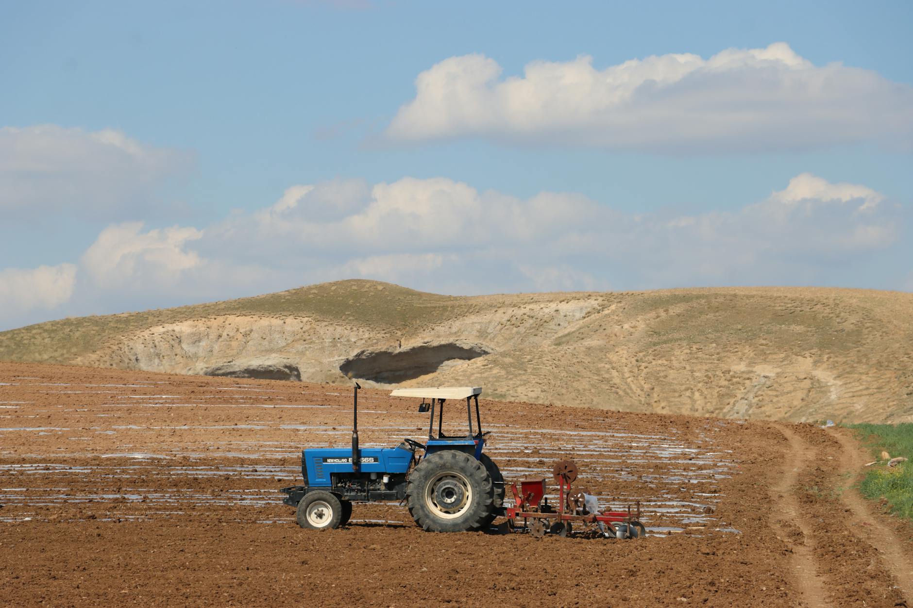 Agricultural tractor working in green farm field representing direct farm partnerships