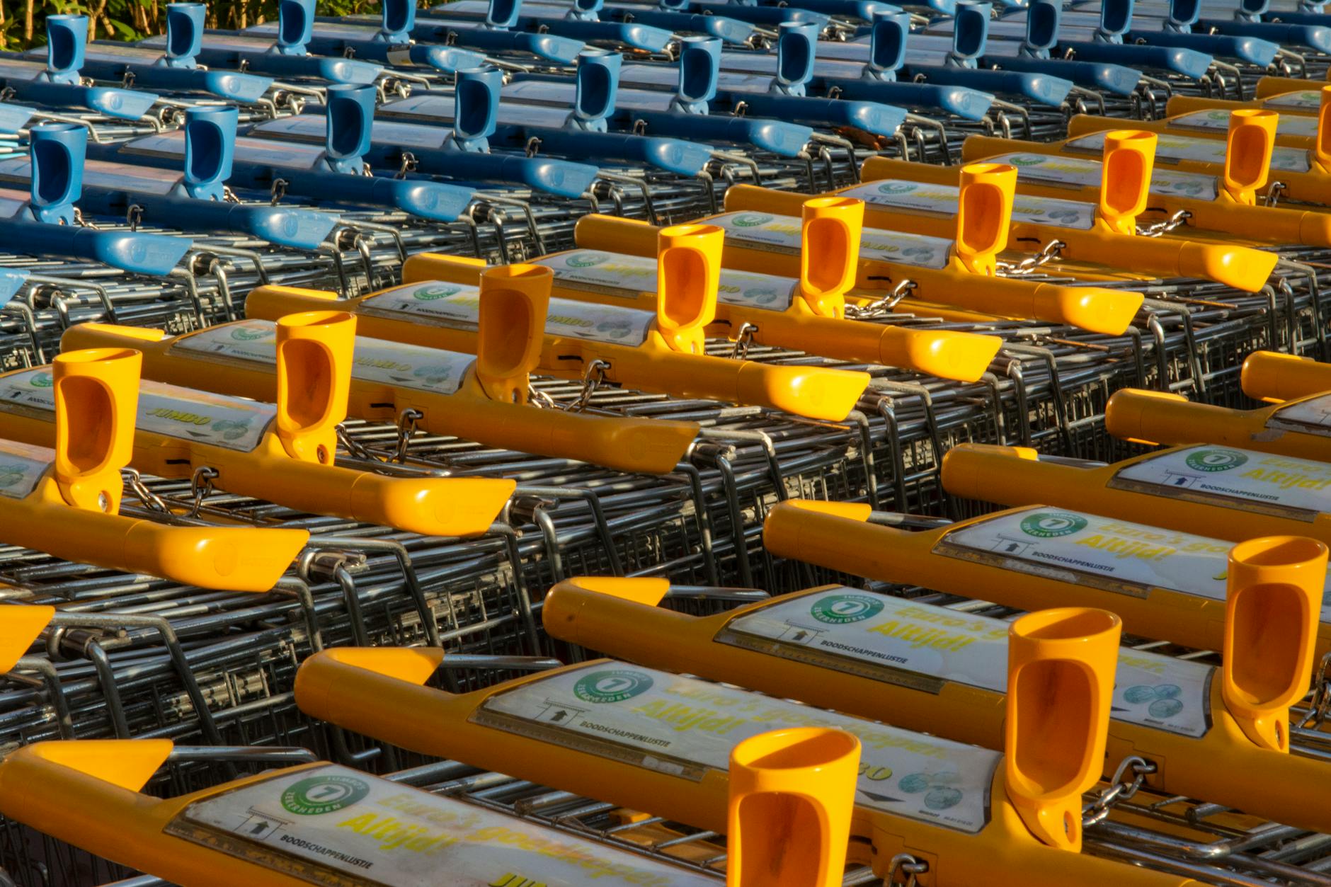 Customer pushing shopping cart through grocery store aisle