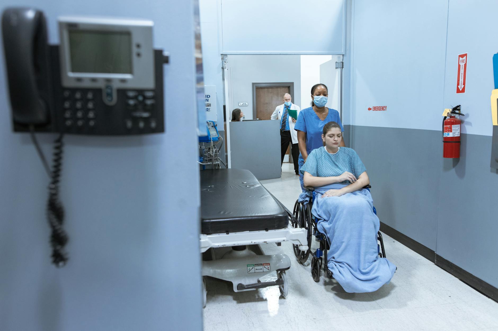Modern hospital hallway with medical equipment and healthcare infrastructure