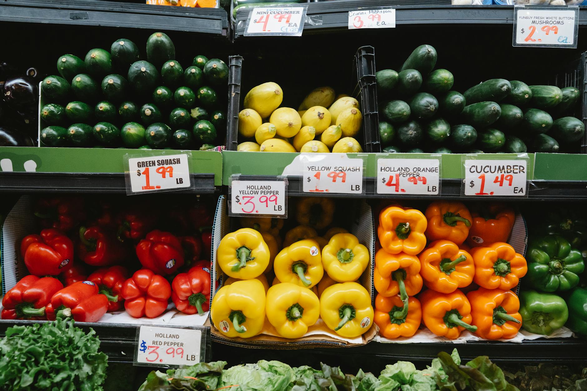 Fresh produce display in grocery store showcasing locally sourced fruits and vegetables