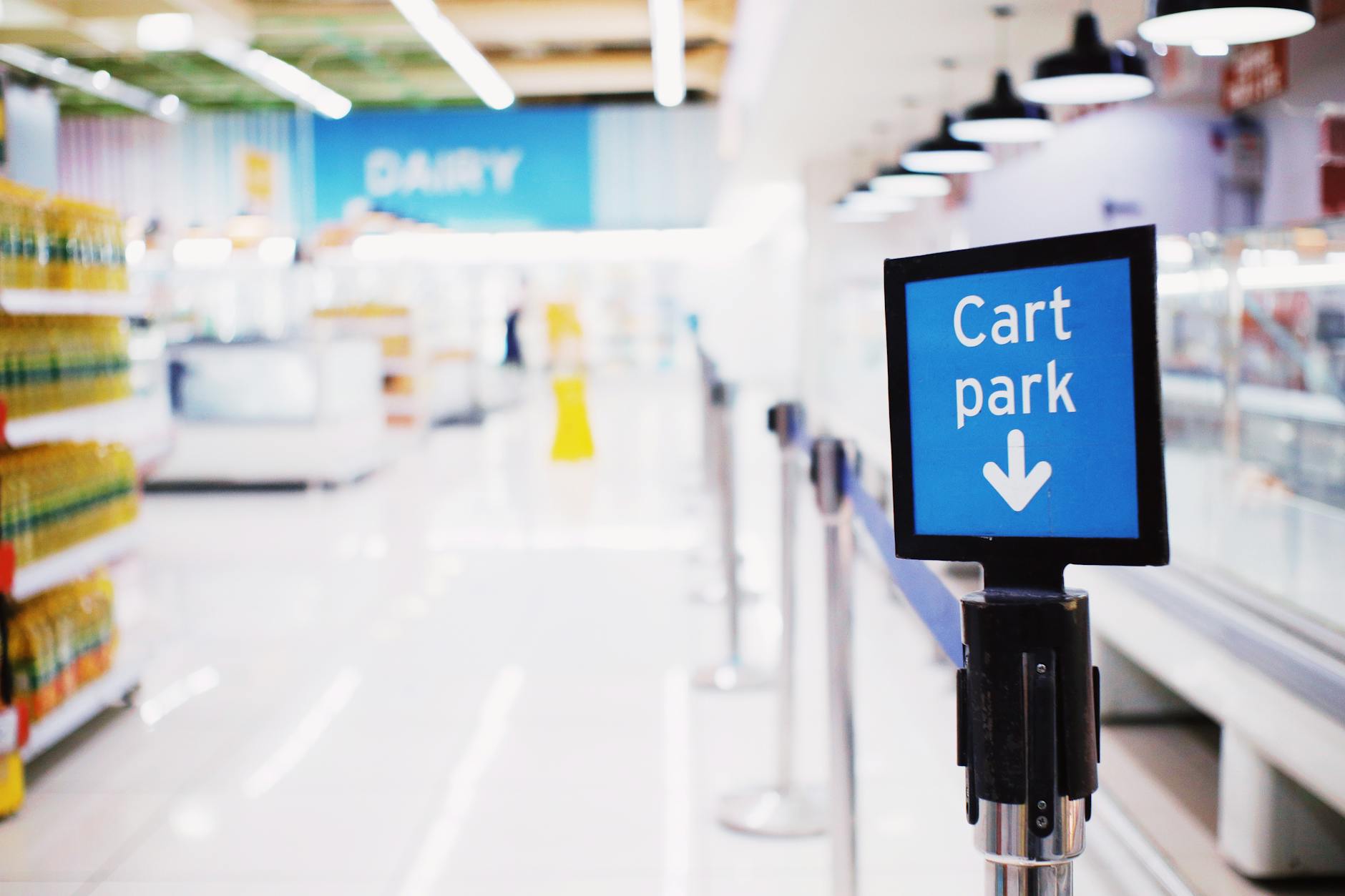 Large retail store parking lot with marked spaces and shopping center in background