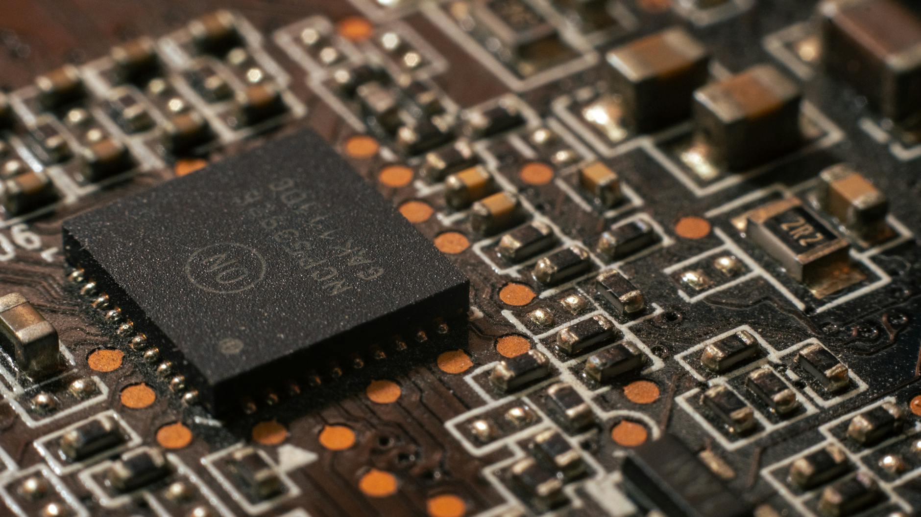 Close-up view of semiconductor microchip on circuit board