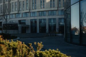 Modern tech company office building with glass facade