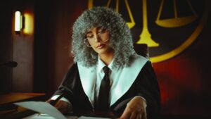 Empty federal courtroom with judge's bench and American flag