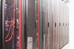 Modern data center server room with blue lighting