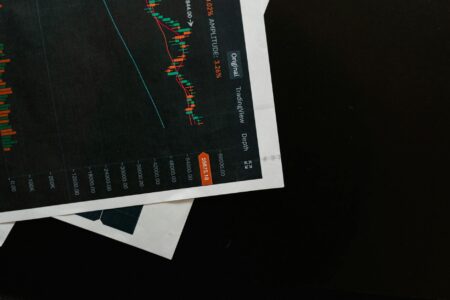 Financial charts showing upward trending stock market data on computer screens