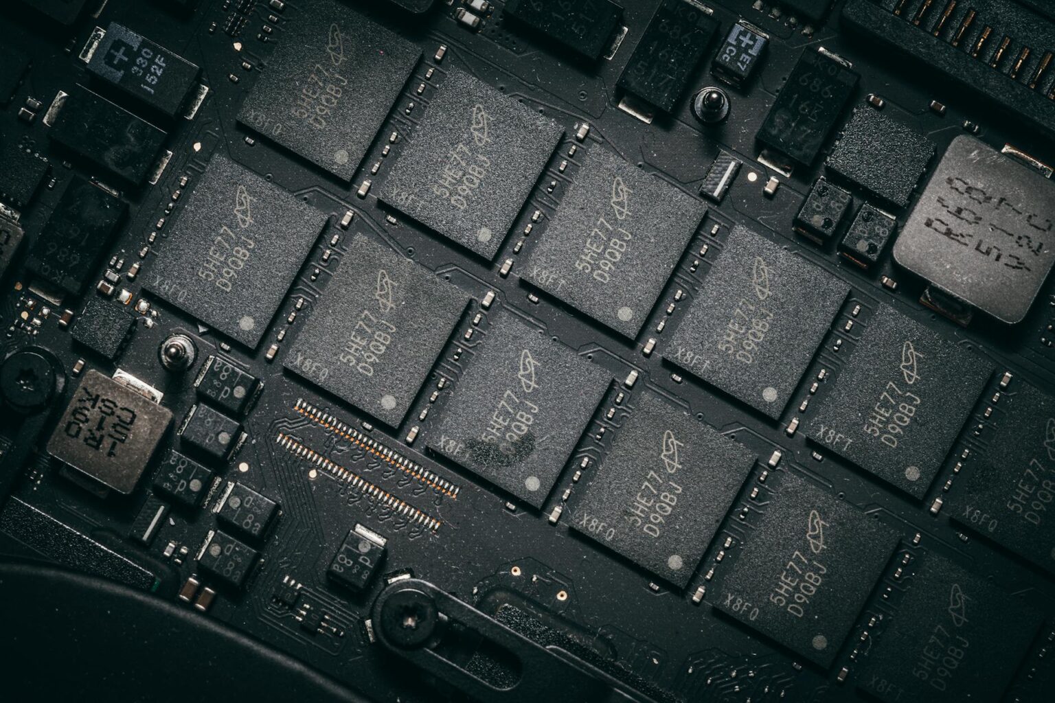 Close-up view of semiconductor chips and circuit boards