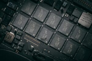 Close-up view of semiconductor chips and circuit boards
