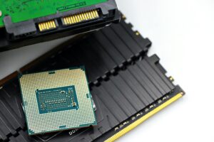 Close-up view of semiconductor computer chips on circuit board
