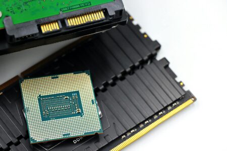 Close-up view of semiconductor computer chips on circuit board
