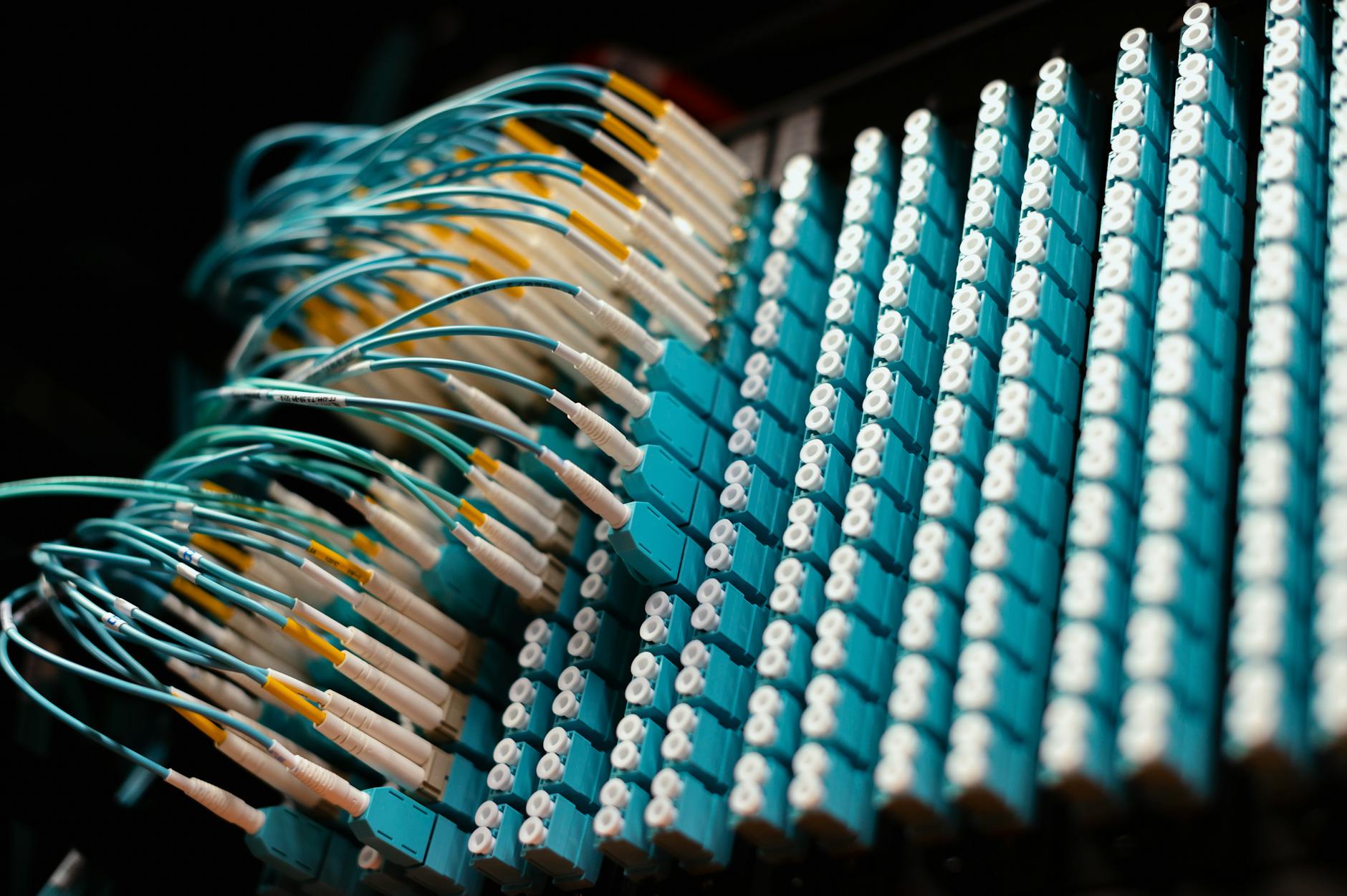 Close-up of illuminated fiber optic cables in telecommunications equipment