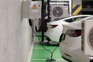 Modern automotive assembly line with electric vehicles in production