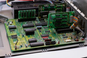 Close-up view of semiconductor computer chips on circuit board