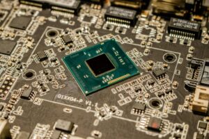 Close-up view of semiconductor computer chips and circuit boards