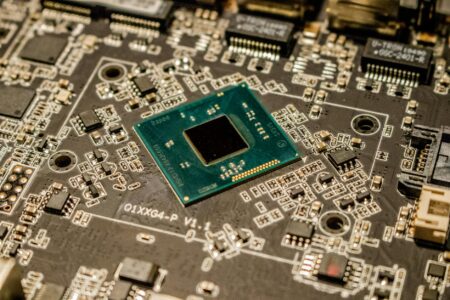 Close-up view of semiconductor computer chips and circuit boards
