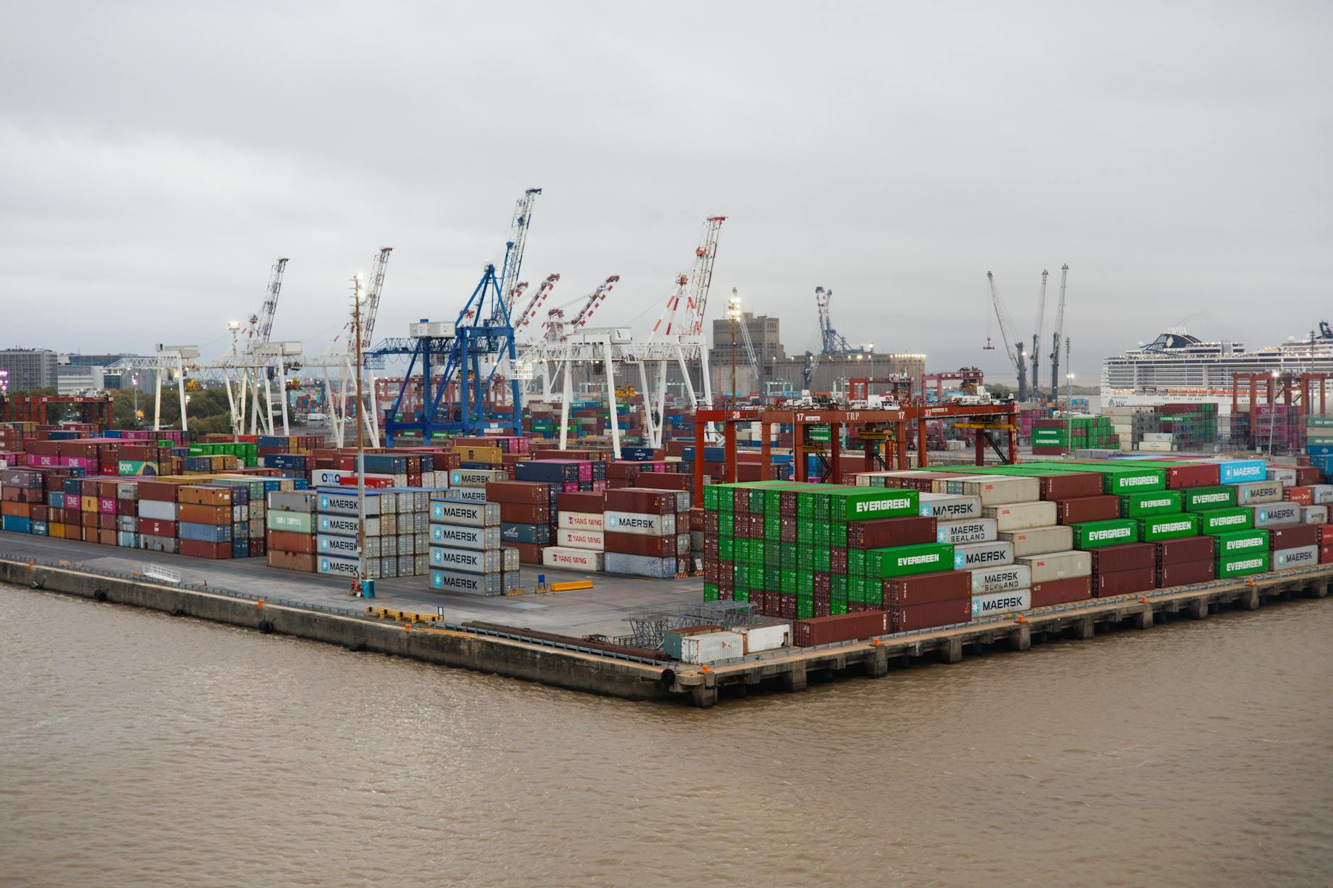 Large cargo ships docked at an international shipping port