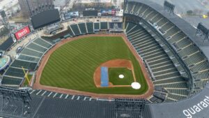 Aerial view of baseball stadium during game preparation