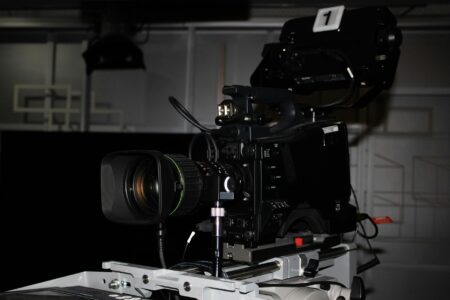 Professional television studio with cameras and broadcasting equipment