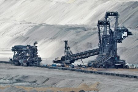 Heavy mining machinery operating at an extraction site