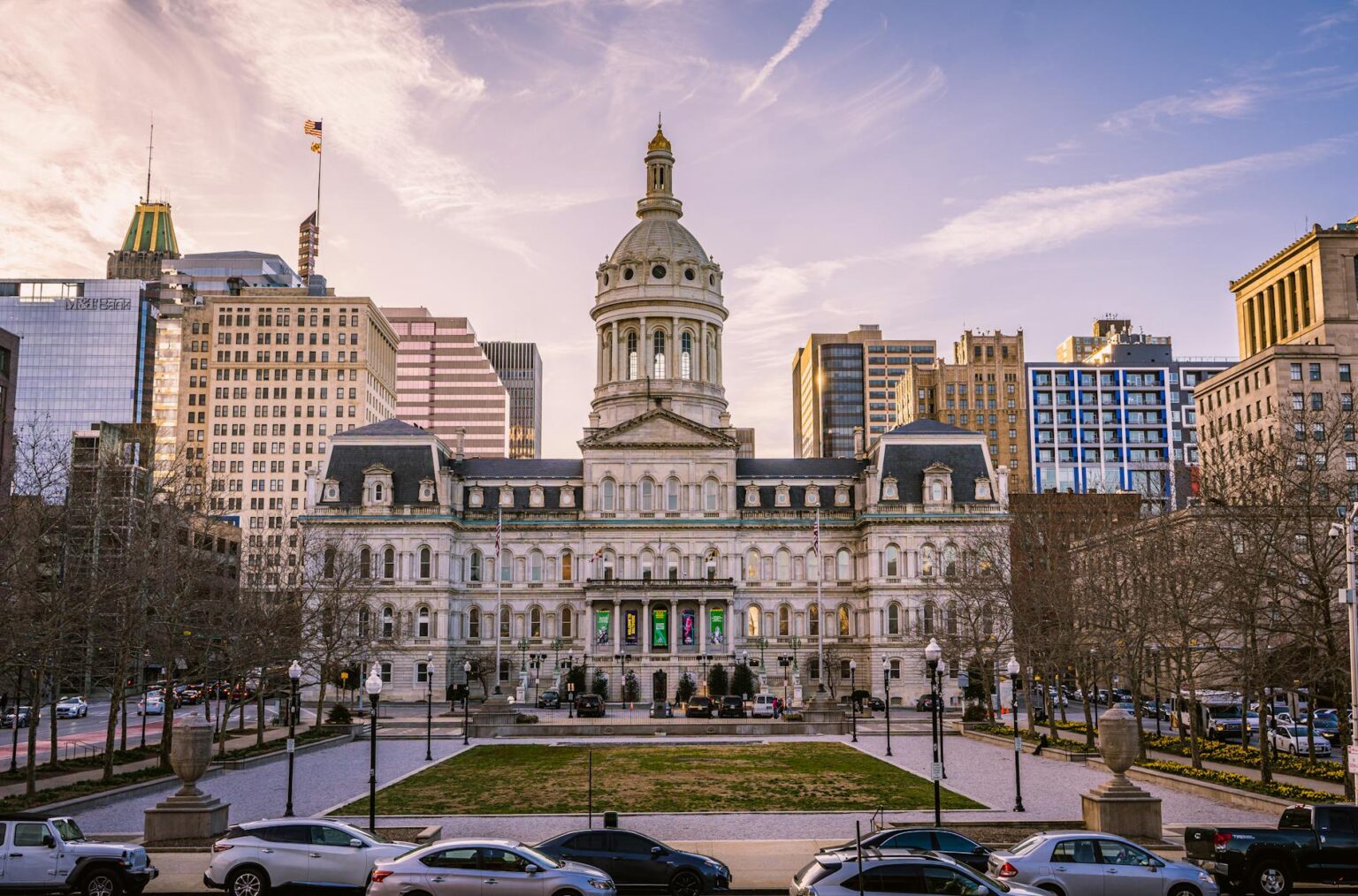 Modern city hall building with American flag