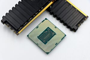 Close-up view of computer memory modules and semiconductor chips