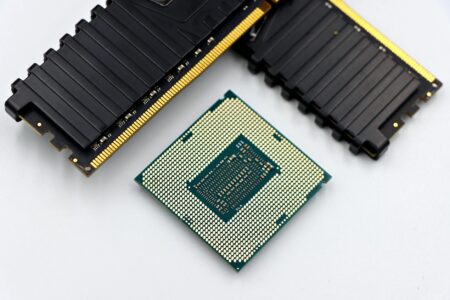Close-up view of computer memory modules and semiconductor chips