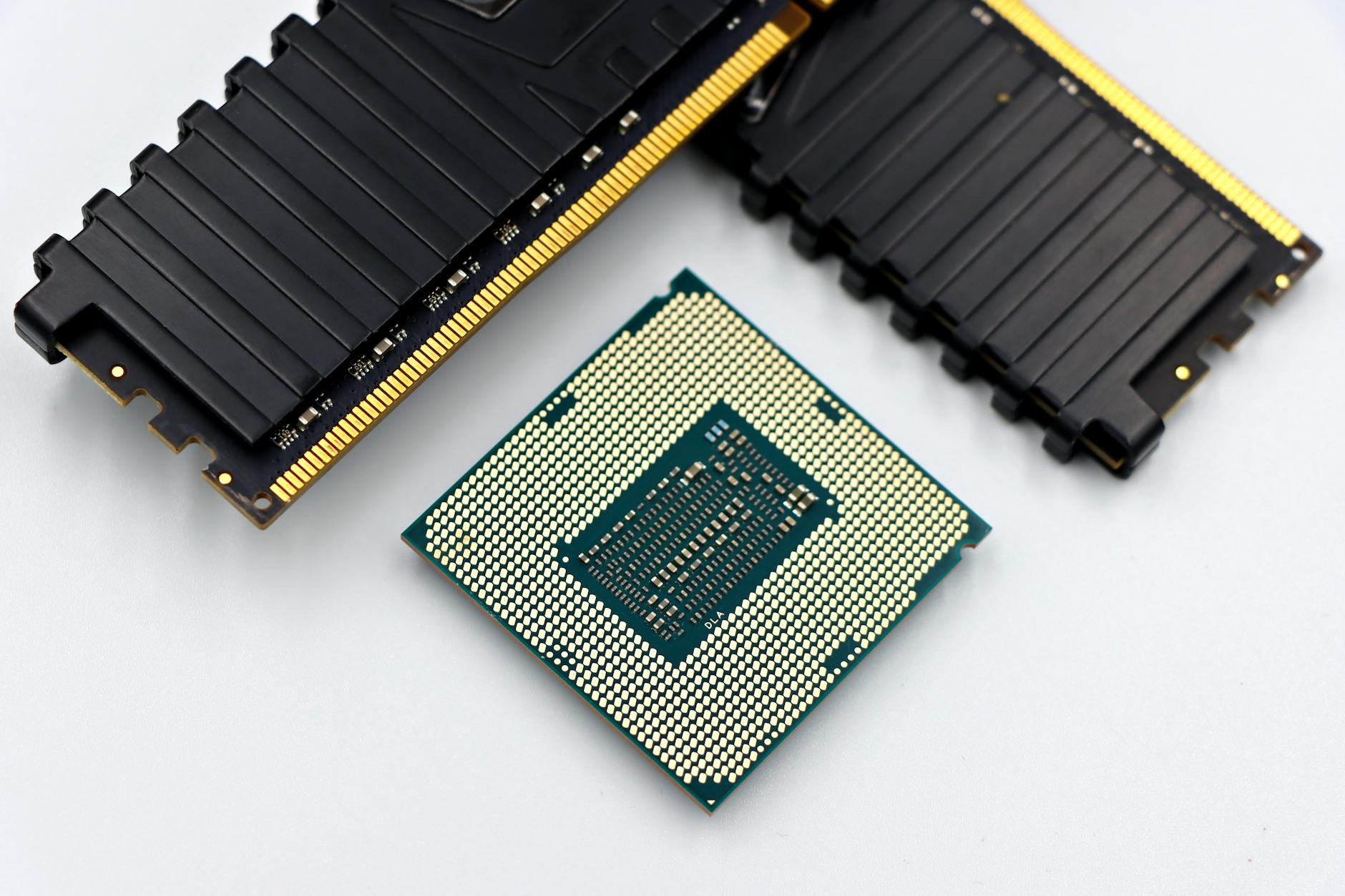 Close-up view of computer memory modules and semiconductor chips
