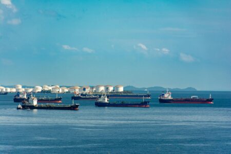 Large oil tanker vessel navigating ocean waters