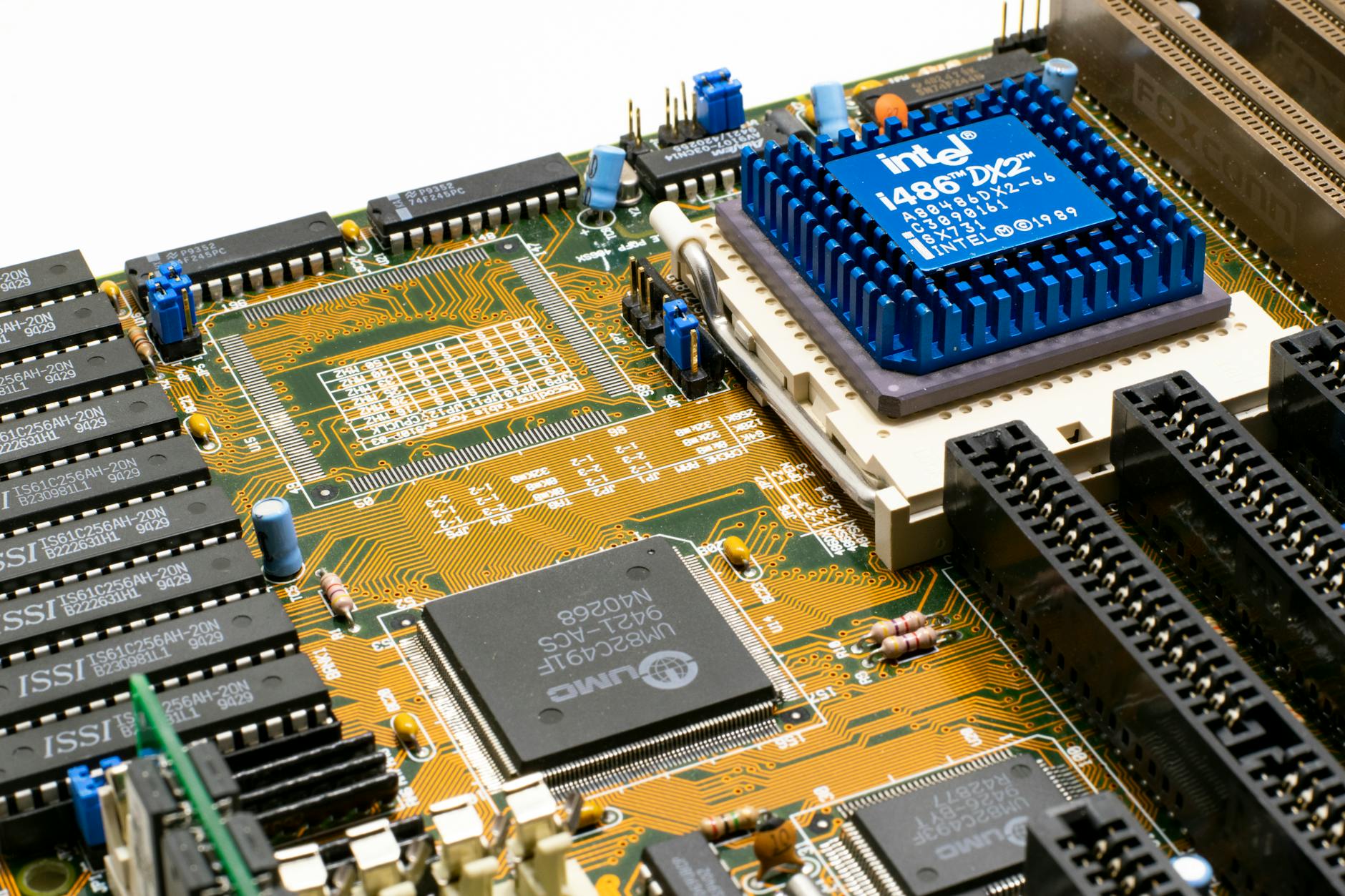Close-up view of semiconductor microchips on circuit board