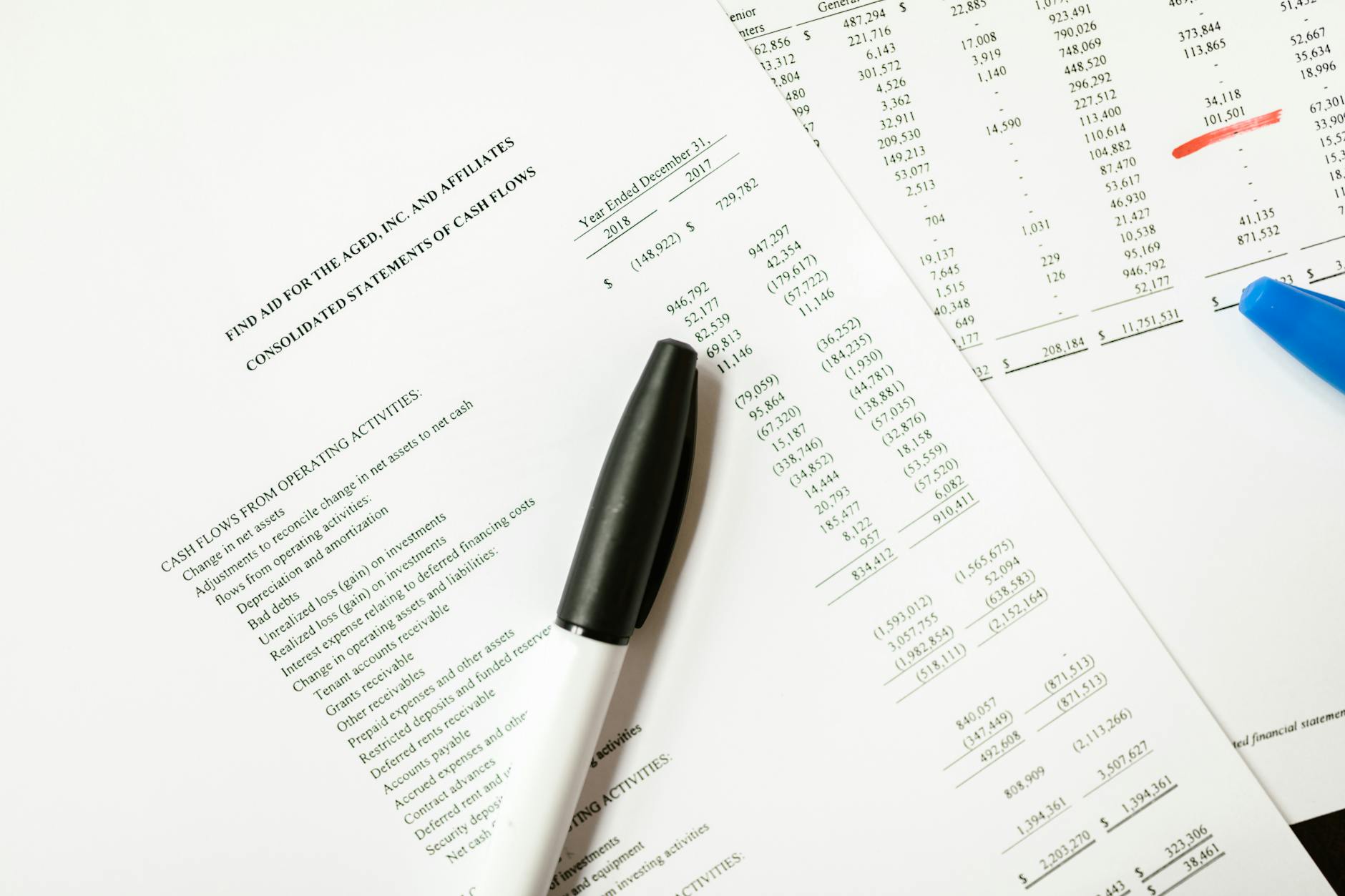 Financial reports and documents spread on desk