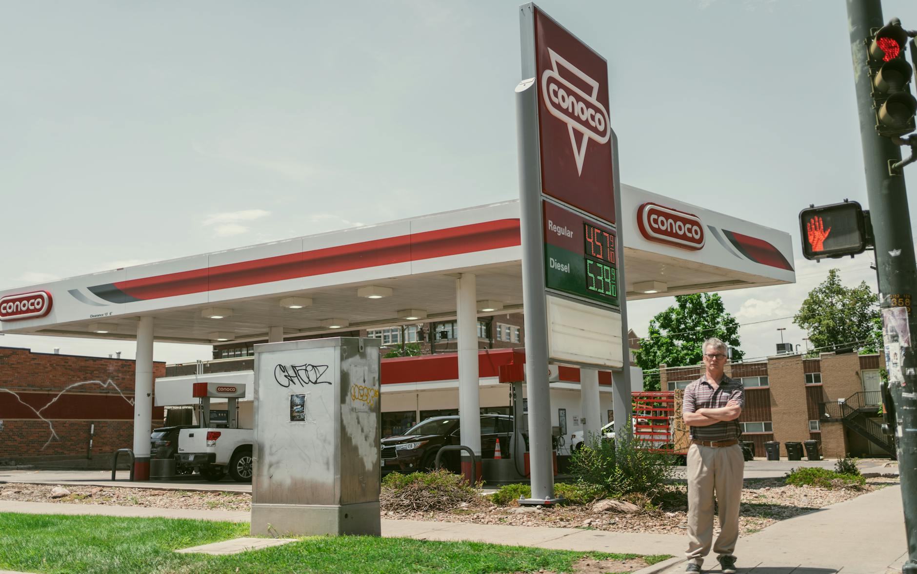 Gas pump display showing fuel prices at service station