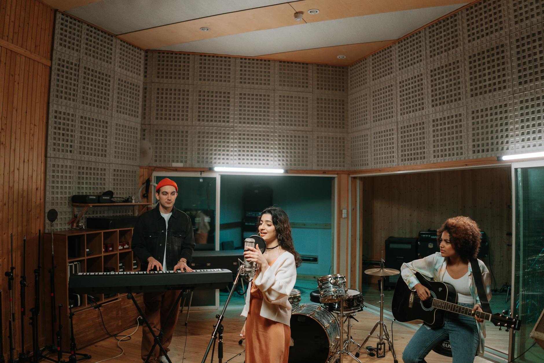 Recording studio microphone and mixing equipment in a professional space