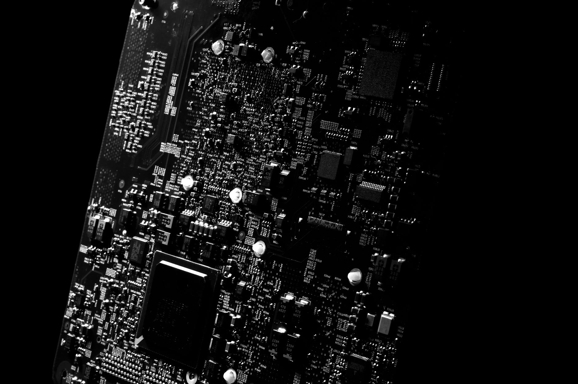 Close-up view of electronic circuit board with microprocessors