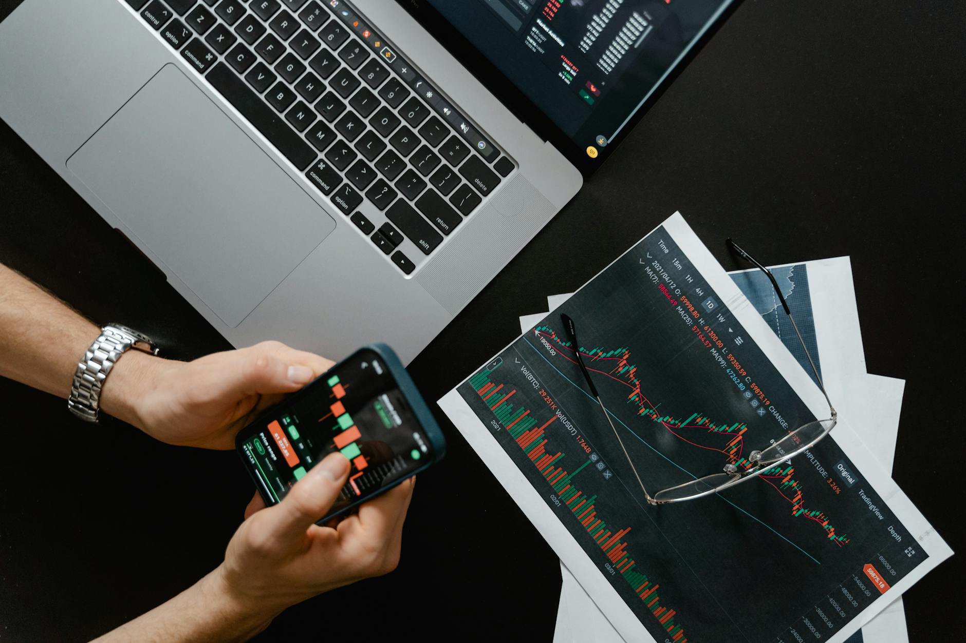 Stock market trading floor with financial data displays