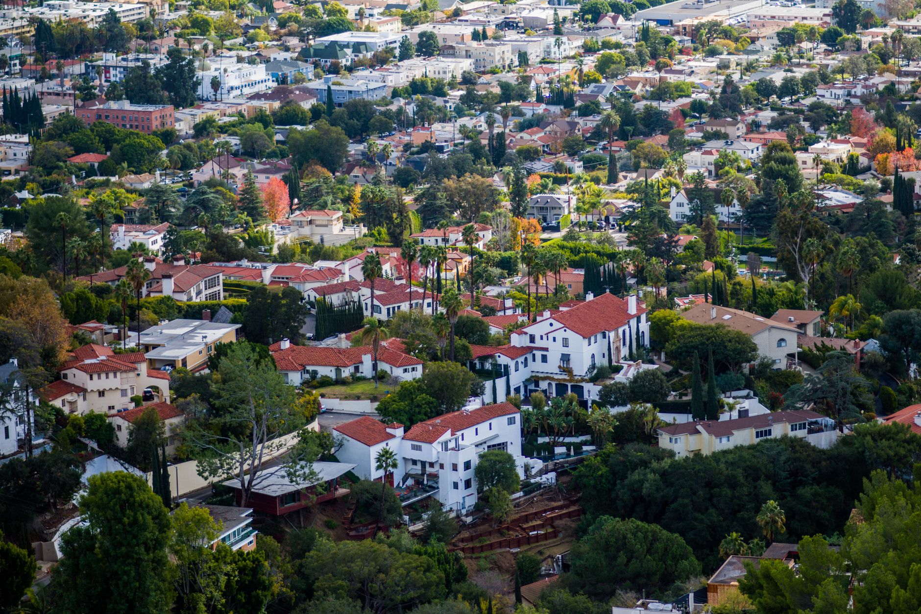 Aerial view of a Los Angeles residential neighborhood with hillside homes