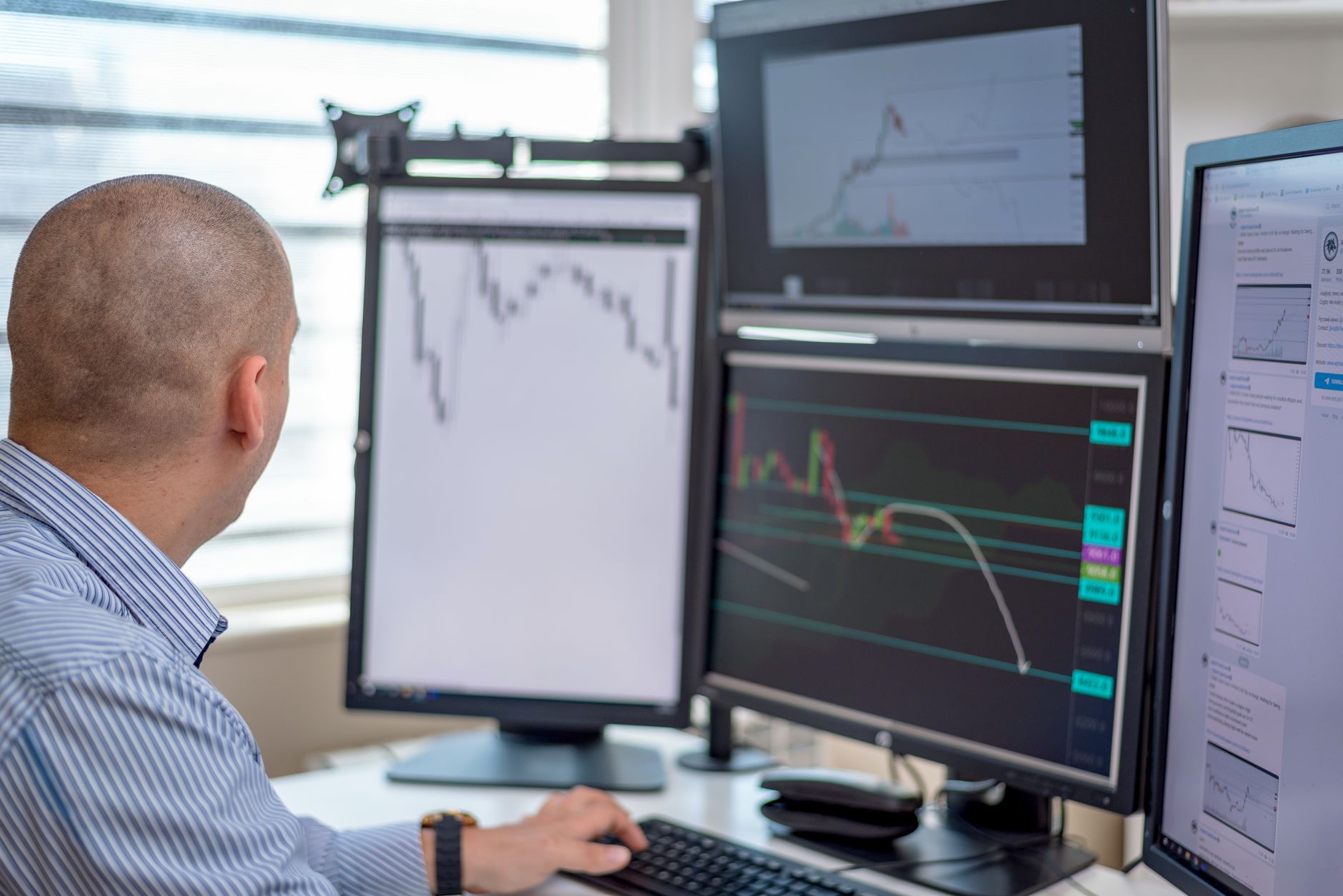 Financial analysts reviewing investment data on multiple screens