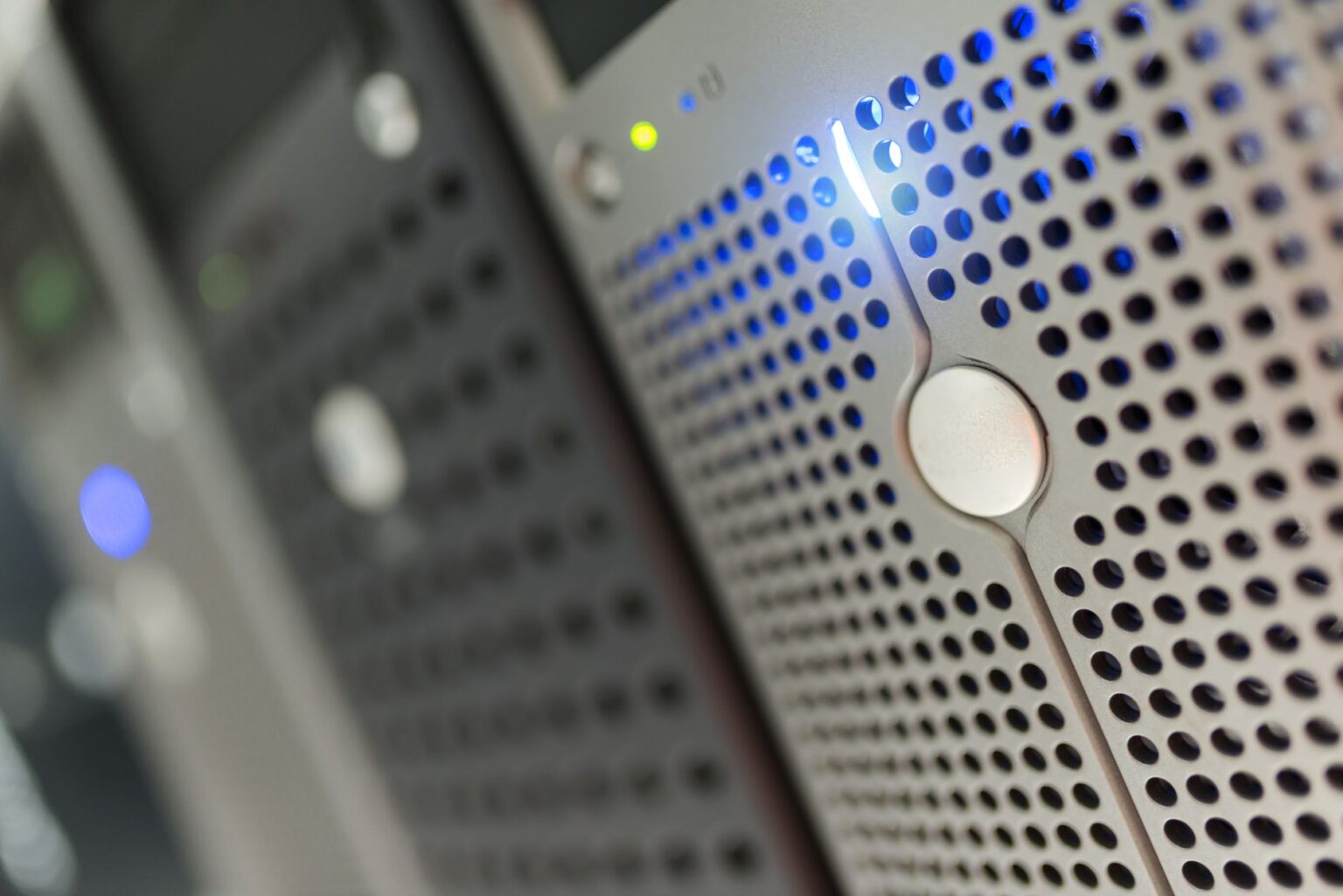 Rows of servers inside a large data center facility