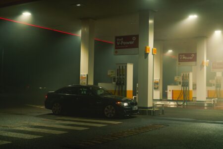 Cars lined up at a gas station during a fuel shortage