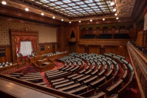 Wide view of the United States Senate chamber floor during a session