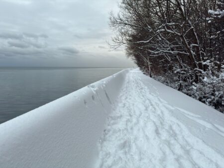Wide view of Lake Ontario shoreline on a clear day