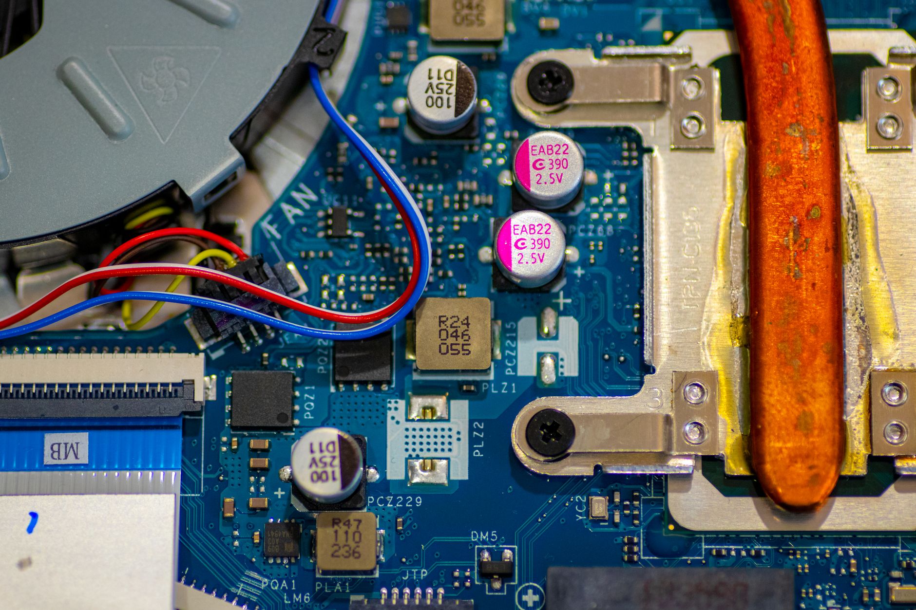 Close-up of semiconductor memory chips on a circuit board in a production facility