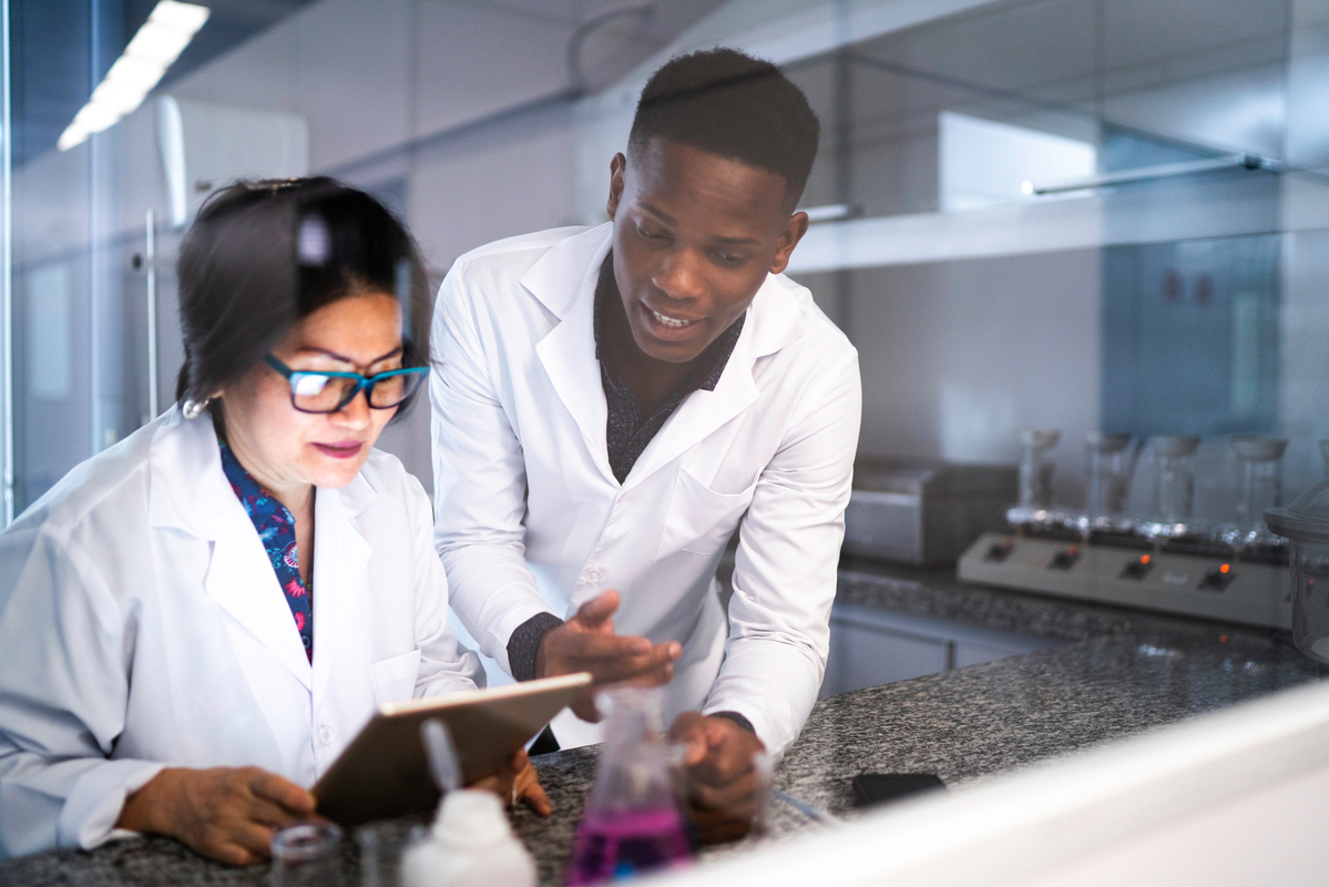 Scientists working in a biotech laboratory on vaccine research
