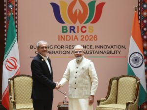 Two world leaders meeting at a formal diplomatic summit